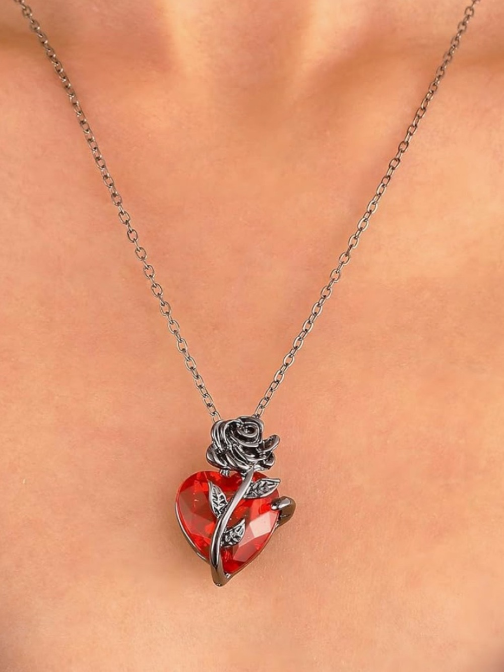 Silver Rose and Red Heart Pendant Necklace - Women Jewelry